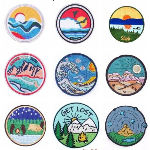 Outdoor Adventure Cloth Stickers Embroidery Patch Embroidered Patches For Clothing Landscape Striped Badge Patches On Clothes