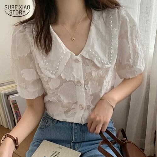2021 Comfort Retro Knitted Lapel Blouses Women Summer Noble Gentle V-neck Shirts Ladies Lace Top Shirt Women Camisas Mujer 15565