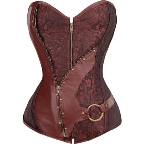 Womens Steampunk Corset Leather Belt Metal Ring Corsets Plus Size S-6XL Pirate Overbust Gothic Gorset Zipper Jacquard Basque Top