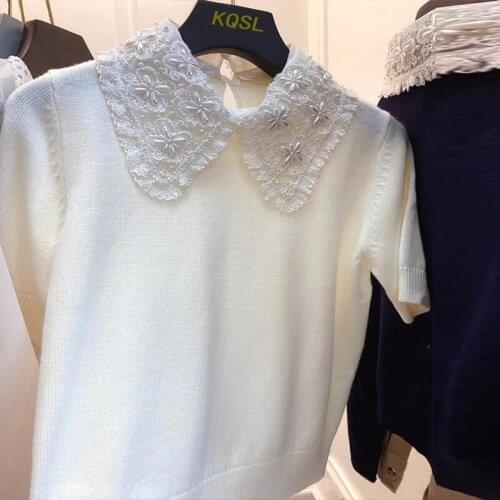 Summer Clothes for Women 2021 Korean Fashion Elegant Pearls Beading Top Femme White Knitted Pullovers