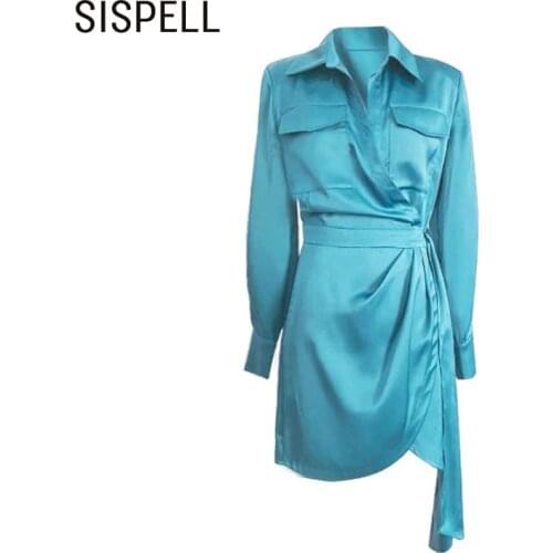 SISPELL Lace Up Bowknot Dresses For Female Lapel Collar Long Sleeve High Waist Slimming Womens Elegant Dress Fashion New