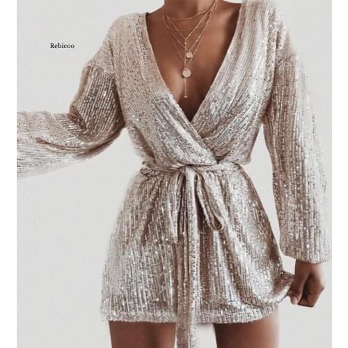 Women Sequin Sexy Club Dress New Year V Neck Sashes Silver Shining Evening Mini Dress