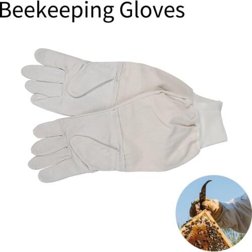 White Sheepskin And Canvas Elstic Cuff Bekeeping Gloves Protection Equipment Anti Bees Sting For Beekeeper
