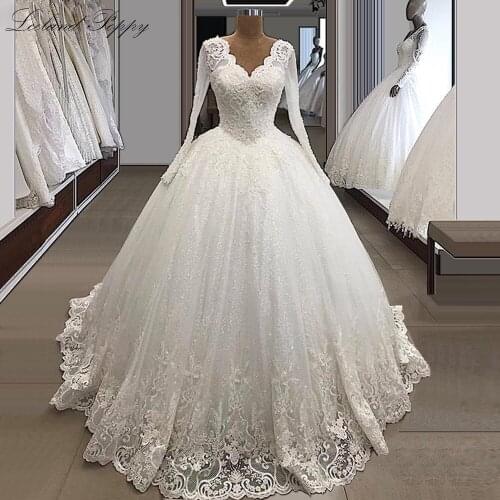 Lceland Poppy Shiny A-line Wedding Dresses 2020 V-neck Beaded Long Sleeves Vestido de Novia Lace Appliques Bridal Gowns