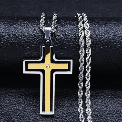 Crystal Stainless Steel Christian Cross Chain Necklaces Women/Men Silver Color Necklace Jewelry collana croce NXS05