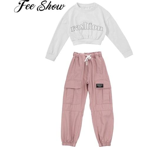 Kids Girls Jazz Hip Hop Modern Dancing Outfits Dancewear Sport Tracksuits Sweatshirt Tops with Drawstring Cargo Pants Sportswear