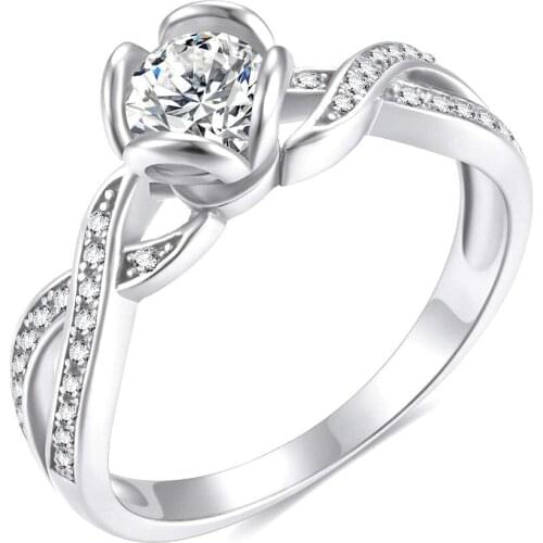 EAMTI 925 Sterling Silver 1 Carat CZ Round Engagement Ring Rose Gold Flower Twist Wedding Band Size 5-10
