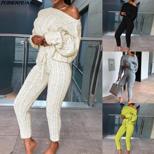 New Womens Ladies Solid Off Shoulder Cable Knitted Warm Loungewear Set Autumn Sweater Women Sweater Winter Clothes Suit Dropship