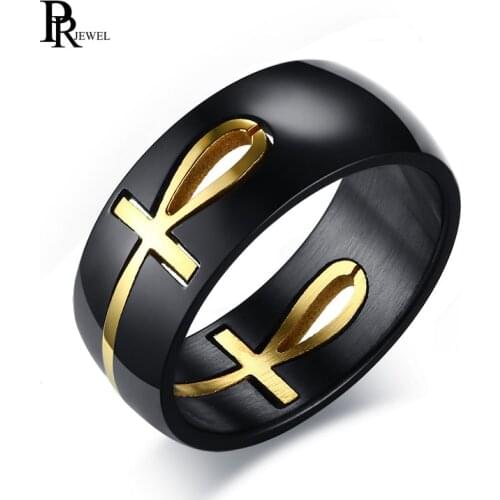Mens Two Tone Cut out Ankh Egyptian Cross Ring for Men Stainless Steel Gold Black Can Split