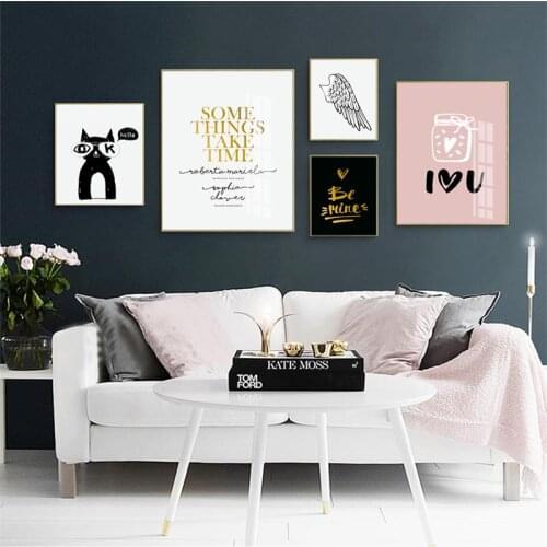 Black White Cat Wall Art Canvas Painting Golden Quotes Nordic Poster print Minimalist Wall Pictures for Living room Home Decor