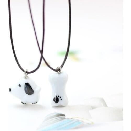 Hand-painted Cartoon Dog and Bone Necklace Ceramic Pendants Lovers Animals Long Necklace Jewelry Personalized Necklace