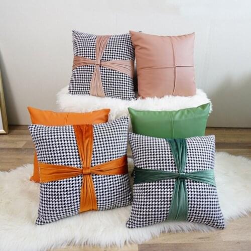 Simple houndstooth pattern cushion cover with bow pillowcase decorative pu leather pillow cover backrest