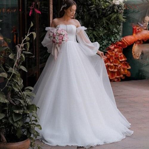 Off Shoulder Plus Size Wedding Dresses Puff Sleeve Elegant Bride Dress Princess Vestidos de novia Ruched Ruffles 2020