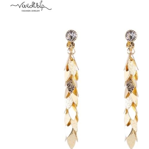 Bohemia Ethnic Vintage Copper Leaves Sequins Tassel Long Clip Earrings Without Piercing For Women Luxury Wedding Dangle Ear Clip