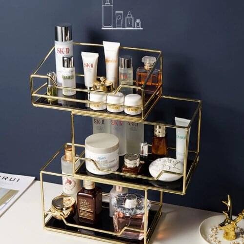 Nordic Rotating Cosmetic Desktop Storage Box Transparent Makeup Organizer 2 Tiers Glass Tray Dressing Table Finishing Rack