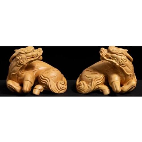 Boxwood 8cm Kirin Sculpture Wood Carving Chinese Unicorn Statue God Beast Lucky Home Decor