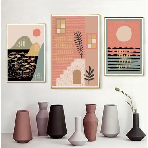 Mid Century Boho Style Modern Abstract Landscape Wall Art Prints Canvas Painting Posters and Pictures for Living Room Home Decor