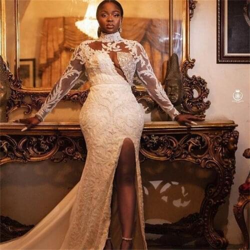 High Collar African Mermaid Wedding Dress Long Sleeves Lace Appliques Beaded Vintage Bridal Gowns Sexy Side Slit Vestido De Novi