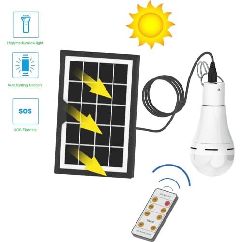 9W Solar Powered LEDs Light Bulbs Remote & AUTO Lighting Control 5 Lighting Functions Timer Setting 6000-6500K White Light