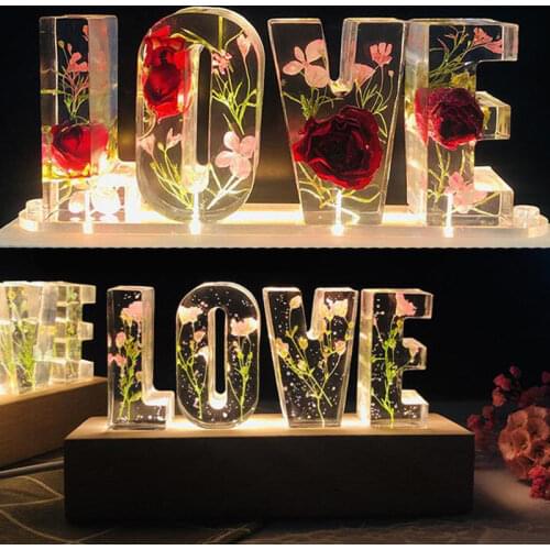 Resin Dried Flower LOVE Letter LED Night Light Decorative Table Atmosphere Lamp Lover Wife Girlfriend Anniversary Gift USB Power