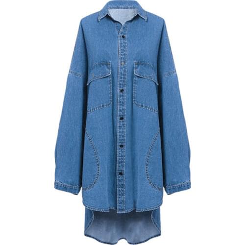 Womens Oversized Jeans Coat 2021 Streetwear Fashion Blue Loose Irregular Long Denim Jacket Outwear Fall Women Clothing
