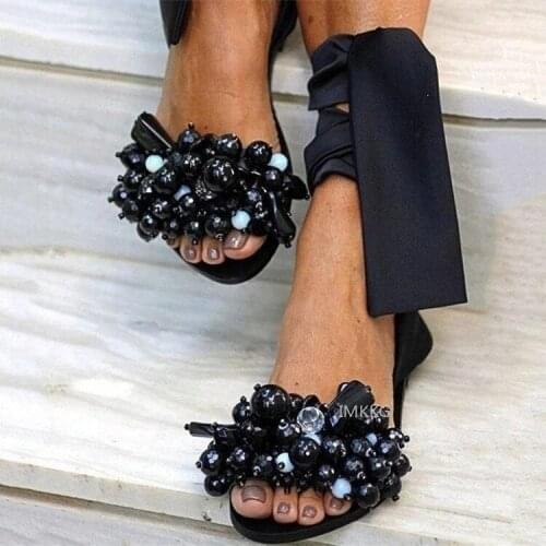 Women Ankle Strap Flat Sandals Summer Hot 2021 New Pear Beaded Silk Woman Open Toe Shoes Casual Beach Sandals Plus Size 43