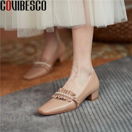 COVIBESCO Women Pumps Casual Concise Sweet Pearl Ruffles Mary Janes Low Heels High Quality Genuine Leather Spring Shoes Woman