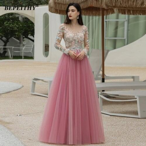 BEPEITHY Pink Tulle Evening Dress Party Gown For Women O Neck 3D Flowers Sexy Floor Length Prom Dresses Full Sleeves 2021 New