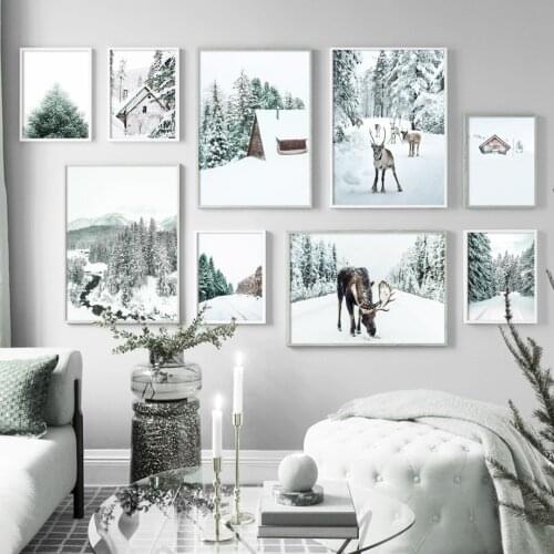 Winter Landscape Snow Pine Forest Houses Wall Art Canvas Painting Nordic Posters And Prints Wall Pictures For Living Room Decor