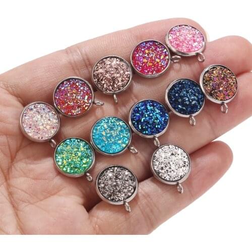 40pcs 12mm Stainless Steel Dull Silver Tone Resin Druzy Jewelry Findings Components with Loop for Earring Making Stud Posts