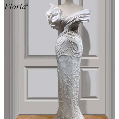 Elegant White Beading Prom Dresses Mermaid Long Muslim Dubai Cocktail Dress Women Gorgeous Celebrity Runaway Ceremony Vestidos