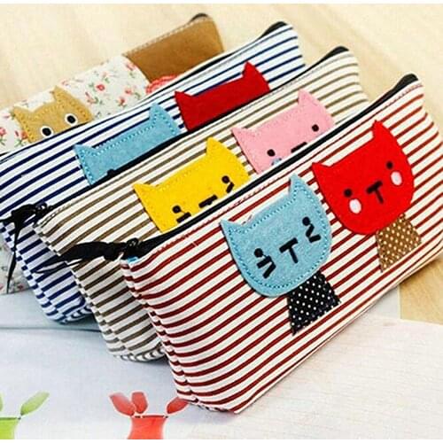 Pencil Case Cartoon Cat Strip Print Stationery Bag Student Canvas Pen Pouch Pencil Case Kids Birthday Xmas Gift