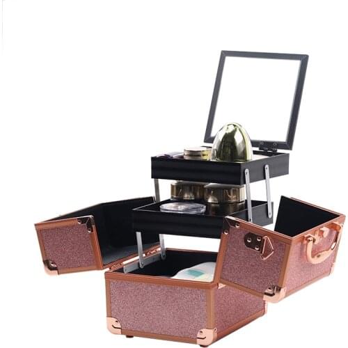 2-Tiers Cute Shinny Portable Cosmetic Case with Mirror and Removable Shoulder Strap