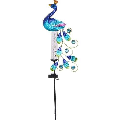 Solar Rain Gauge Wrought Iron Pea-cock Rain Gauge Floor Lamp Solar LED Lights Outdoor Courtyards Gardens Statue Mental Lawn Lamp
