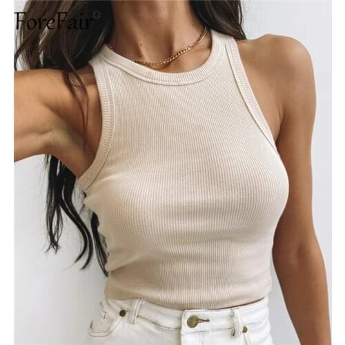 Forefair O Neck Ribbed Sexy Tank Tops Vest Women Basic Harajuku Female Off Shoulder Casual Knitted Khaki 2021 Summer Crop Tops