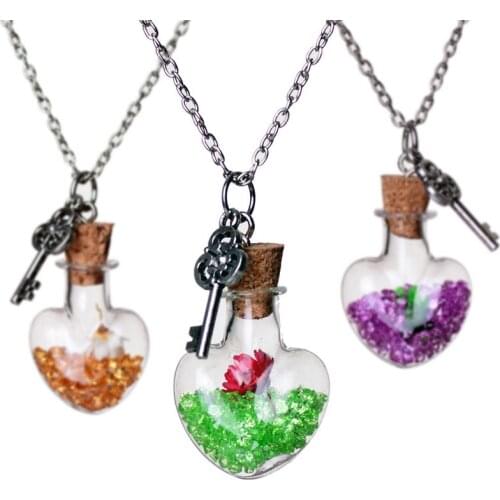 Cute Girls Heart Drifting Bottle Crystal Pendant Necklace For Women Natural Dry Flower Choker Female Jewelry Party Gift