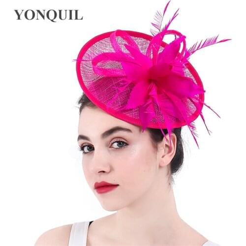 Hot Pink Sinamay Fashion Wedding Fascinator Bride Hat Fancy Feather Flower Headwear Elegant Lady Mariage Headpiece Hair Pins