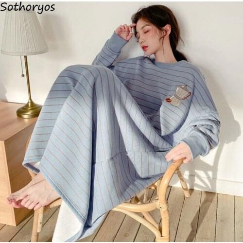 Women Plus Velvet Nightgowns Striped Oversize Cozy Leisure Full Sleeve Ankle-length Sleepshirts Teenagers Lovely Females Lounge