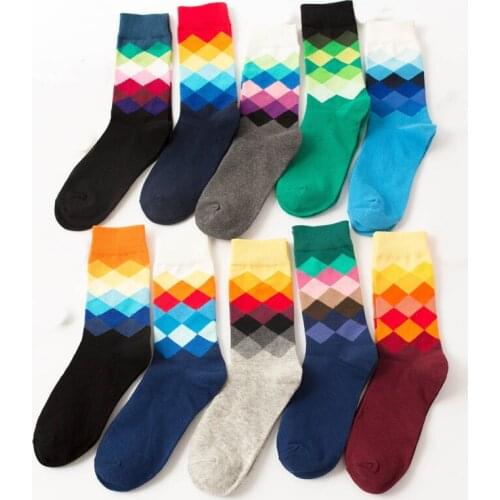 Men Socks Autumn Winter Fashion 10Color Rhombic Gradient Pattern Series Gentleman Trend Happy Cotton Large Size Crew Socks F247