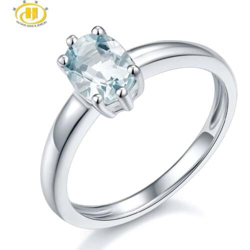 Hutang Wedding Rings Natural Aquamarine Solid 925 Sterling Silver Solitaire Ring Gemstone Fine Elegant Jewelry for Womens New