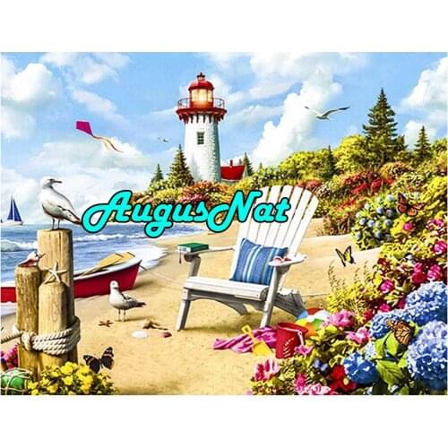 5d full square diamond painting lighthouse diamant embroidery scenery beach flowers mosaic picture oil paint by number big size
