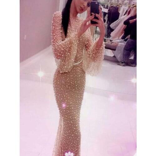 Luxury heavy pearls Prom Dress abiti da cerimonia da sera formal long sleeves high quality mermaid evening dresses