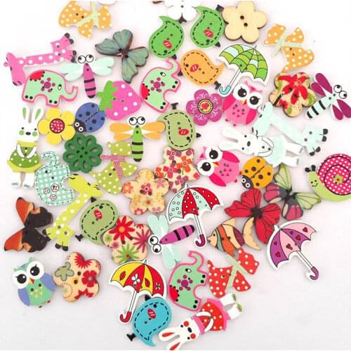 Sewing Scrapbooking Accessories Wooden Buttons Animal Clothes For Children Printing Two Holes Mixed Flower Crafts