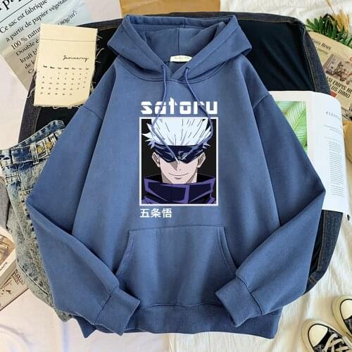 Jujutsu Kaisen White Satoru Gojo Anime Hoodie Loose Fleece Clothing For Male Street Fashion Tracksuit Comfortable Sweatshirt Men
