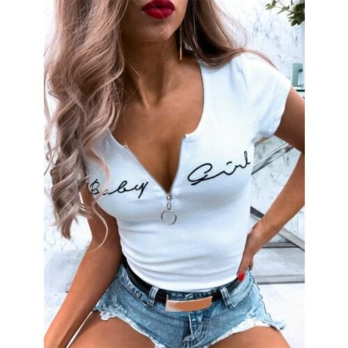Zipper Decor O-Neck Short Sleeve Lady Casual Slim Pullovers Top Sexy Women Summer Letter Print T-Shirts Patchwork Design