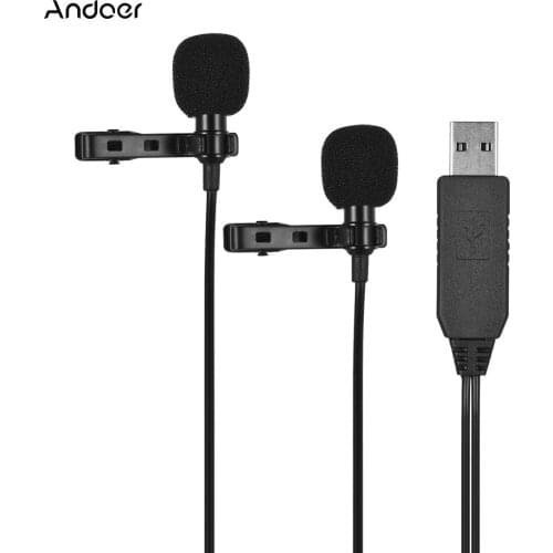 Andoer microphone Clip-on for Video Audio Recording Andoer USB Dual-head Lavalier Lapel Microphone 1.5m/5ft