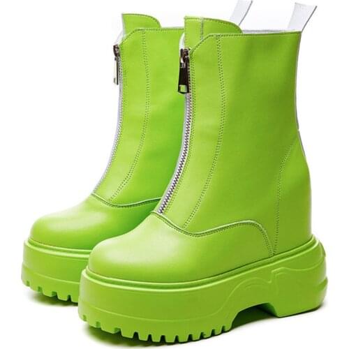Women Cow Leather Round Toe Ankle Boots Platform Wedge High Heel Front Zip Military Combat Motorcycle Creepers Casual Shoes