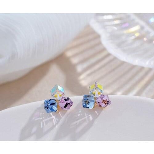 Delicate Crystal Geometric Box Stud Earrings for Women Elegant 14K Gold Plated Earrings