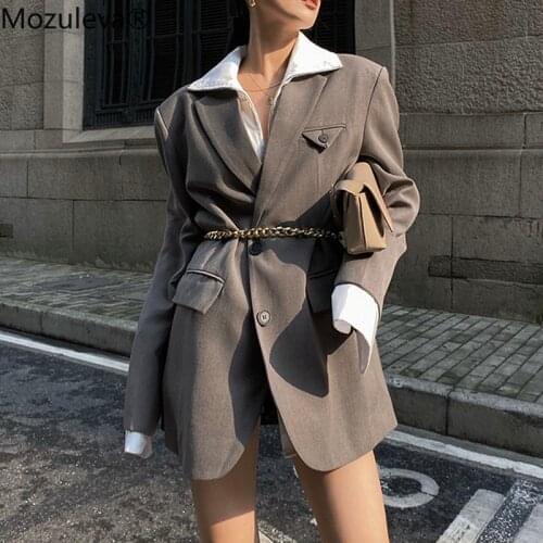 Mozuleva Streetwear Single-breasted Solid Blazer Jacket Female 2021 Spring Elegant Notched Collar Full Sleeve Chain Women Blazer