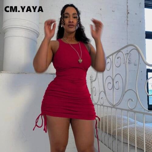 CM.YAYA Women Mini Dress Solid Sleeveless Shirring Sheath Elastic Above Knee Length Dresses Sexy Night Club Vintage Outfit 2021